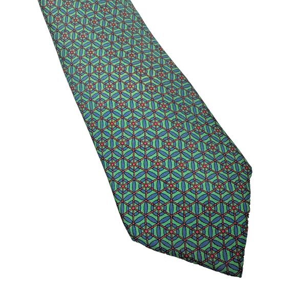 Hermes Silk Tie Style 7149 HA Green Blue Red Geometric - Picture 1 of 10